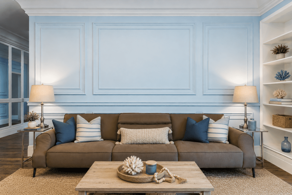 Coastal interior living room with crown molding, wall panel trim, blue walls, and neutral furniture